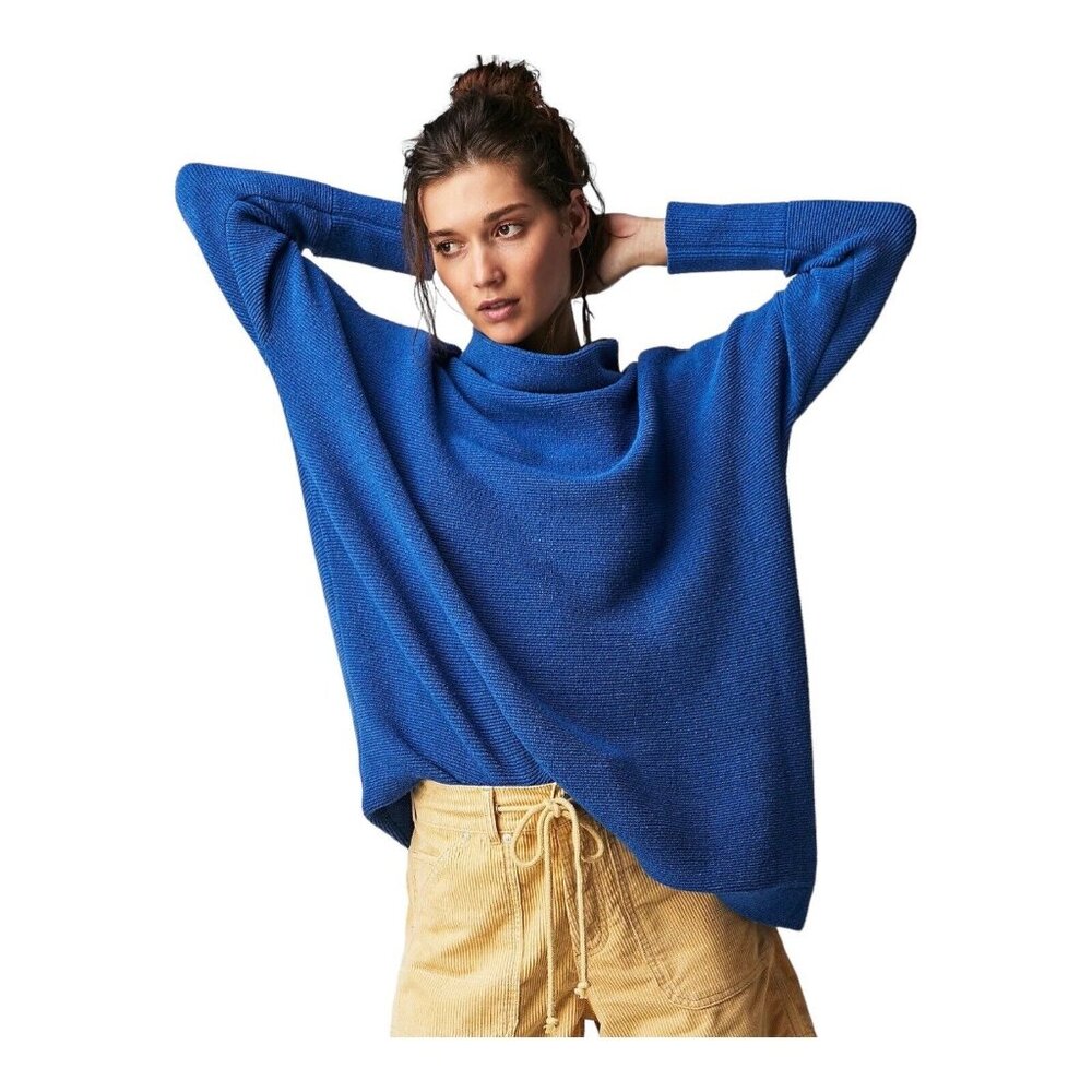 New Free People Sz XL Ottoman Slouchy Ribbed Tunic Pullover Sweater In Deja Blue